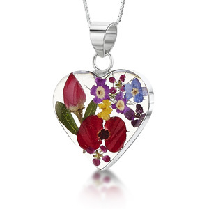 Silver Pendant - Mixed Flowers - Medium Heart
