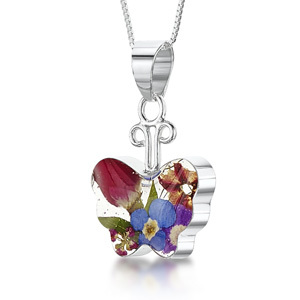 Silver Pendant - Mixed Flowers - Small Butterfly