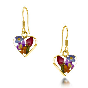 23K Gold Plated Drop Earrings - Mixed Flowers - Small Heart