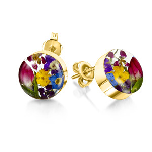 23K Gold Plated Stud Earrings - Mixed flowers - Small Round