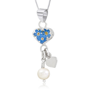 Silver Pendant - Forget-Me-Not - Heart & Pearl
