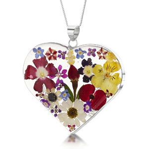 Silver Pendant - Mixed Flowers - Large Heart