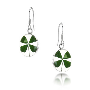 Silver Drop Earrings - Four Leaf Clover - Oval