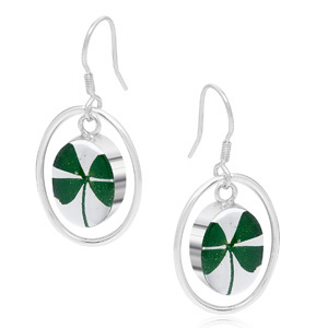 Silver Drop Earrings - Four Leaf Clover - Oval Surround