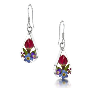 Silver Drop Earrings - Mixed Flowers - Teardrop