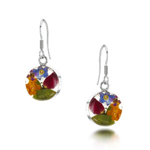 Silver Drop Earrings - Mixed Flowers - Round
