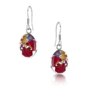 Silver Drop Earrings - Mixed Flowers - Oval