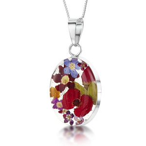Silver Pendant - Mixed Flowers - Medium Oval