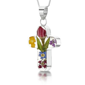 Silver Pendant - Mixed Flowers & Rose - Cross