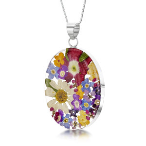 Silver Pendant - Mixed Flowers - Oval