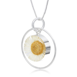 Silver Pendant - Daisy White - Oval Surround