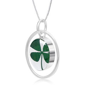 Silver Pendant - Four Leaf Clover - Oval Surround