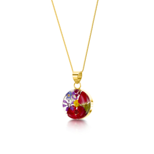 23K Gold Plated Silver Pendant - Mixed Flowers - Medium Round