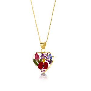23K Gold Plated Sterling Silver Pendant - Mixed Flowers - Med Heart