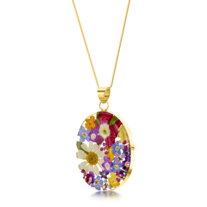23K Gold Plated Sterling Silver Pendant - Mixed Flower - Oval