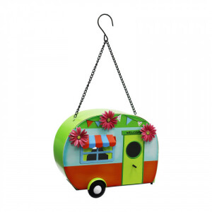 Funky Metal Bird House Caravan Green/Orange